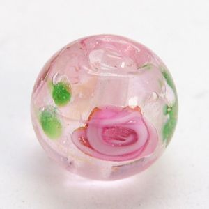 Perlina in vetro, con lamina argentata e figura rosa interna, diam. 12 mm, 20 pezzi
