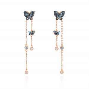 Butterfly earrings with chains and blue cubic zirconia - rosé plated
