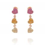 Three pendant hearts earrings with colored cubic zirconia - rosé plated