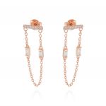 Horizontal board earrings with pendant chain and 2 cubic zirconia - rosé plated