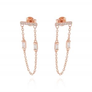 Horizontal board earrings with pendant chain and 2 cubic zirconia - rosé plated