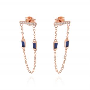 Horizontal board earrings with pendant chain and 2 blue cubic zirconia - rosé plated