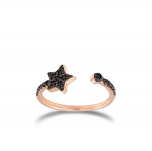  Open ring with black cubic zirconia star - rosé plated