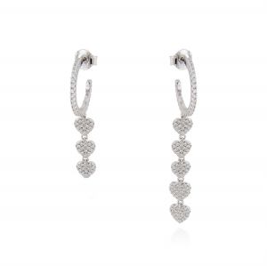 White cubic zirconia hoop earrings with pendant hearts