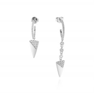 White cubic zirconia hoop earrings with pendant triangle
