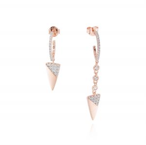 White cubic zirconia hoop earrings with pendant triangle - rosé plated