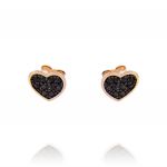 Flat heart earrings with black cubic zirconia - rosé plated