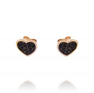 Flat heart earrings with black cubic zirconia - rosé plated