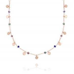 Colored stones and pendat hearts necklace - rosé plated