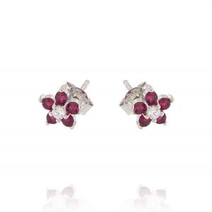 Flower earrings with white and red cubic zirconia