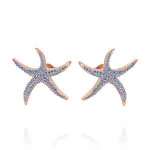 Orecchini stella marina grande con zirconi azzurri - placcato rosé