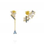 Earrings with white and blue cubic zirconia with hanging chain - gold plated 