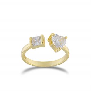 Anello aperto con zircone a cuore e quadrato - placcato oro