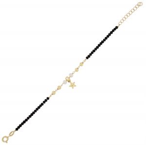 Black stones bracelet with glossy balls, pearls and star - gold plated