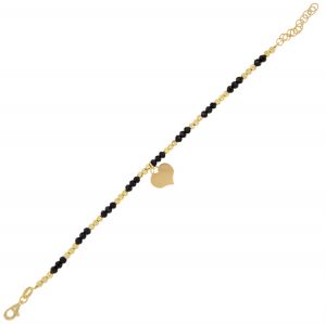 Diamond cut balls and black stones bracelet with hanging heart - gold plated