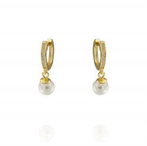 Hoop earrings with cubic zirconia and hanging pearl - gold plated