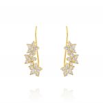 Hook earrings with three cubic zirconia flowers - gold plated