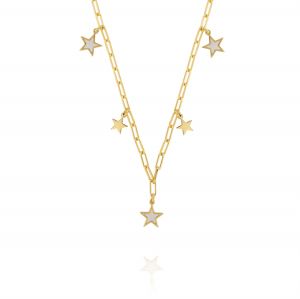 Necklace with hanging glossy and mother of pearl stars - gold plated