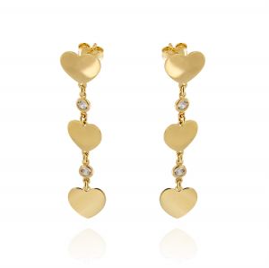 Earrings with hanging hearts alternating by cubic zirconia - gold plated