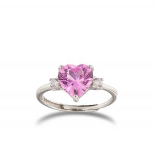 Ring with pink heart shaped stone and white cubic zirconia