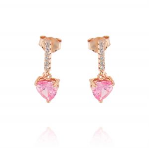 Row earrings with pink heart-shaped cubic zirconia - rosé plated