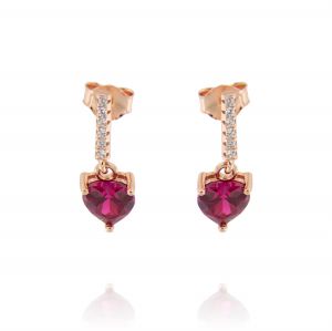 Row earrings with red heart-shaped cubic zirconia - rosé plated