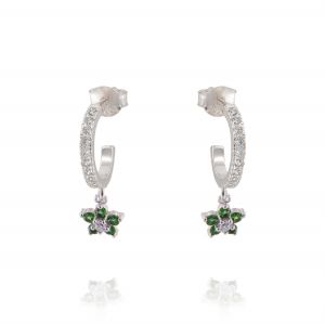 Hoop earrings with flower made by green cubic zirconia 