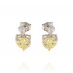Earrings with two heart cubic zirconia, one white and one yellow