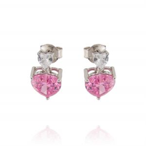 Earrings with two heart cubic zirconia, one white and one pink
