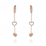 Cubic zirconia hoop earrings with hanging rolò chain with 2 hearts - rosé plated