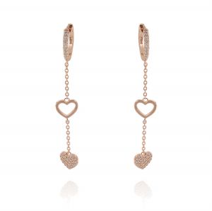 Cubic zirconia hoop earrings with hanging rolò chain with 2 hearts - rosé plated