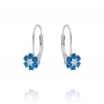 Lever back closure earrings with white and blue cubic zirconia flower