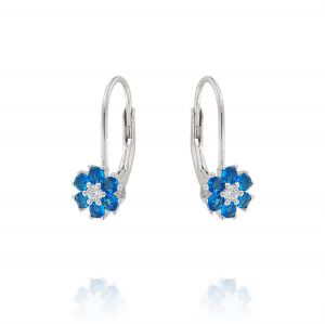 Lever back closure earrings with white and blue cubic zirconia flower