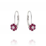 Lever back closure earrings with white and red cubic zirconia flower 