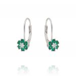 Lever back closure earrings with white and green cubic zirconia flower