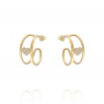Double row hoop earrings with cubic zirconia heart - gold plated