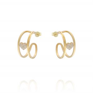 Double row hoop earrings with cubic zirconia heart - gold plated