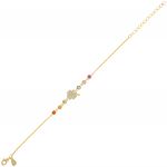 Bracelet with colored cubic zirconia along the chain and cloverleaf at the middle - gold plated