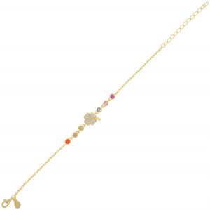 Bracelet with colored cubic zirconia along the chain and cloverleaf at the middle - gold plated