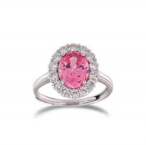 Anello royal con pietra rosa ovale e cornice di zirconi