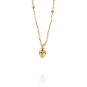 Necklace with pearls and diamond cut balls along the chain and heart in the centre - gold plated