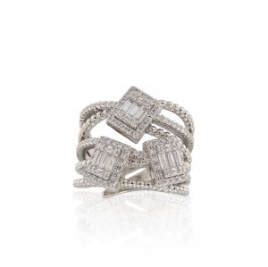 Openwork band ring with three squares and cubic zirconia in different shapes 