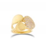 Ring with 3 ovals, 1 polished, 1 satin-finished and 1 with cubic zirconia - size 12 - gold plated 