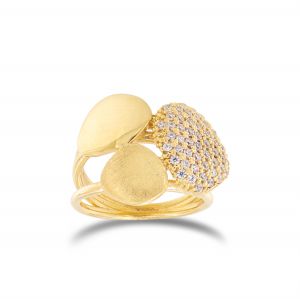 Ring with 3 ovals, 1 polished, 1 satin-finished and 1 with cubic zirconia - size 15 - gold plated