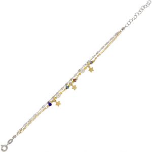 Double chain bracelet with pearls, multicolor stones and hanging stars