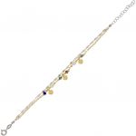 Double chain bracelet with pearls, multicolor stones and hanging hearts