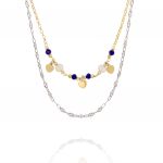 Collana con doppia catena, perle, cuori e pietre blu - bicolore