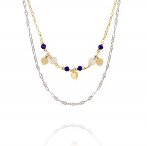 Double chain necklace with pearls, blue stones and hanging hearts