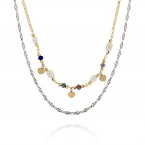 Double chain necklace with pearls, multicolor stones and hanging hearts