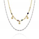 Collana con doppia catena, perle, stelle e pietre multicolore - bicolore
